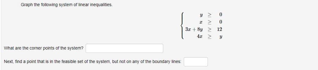 Graph the following system of linear inequalities.
What are the corner points of the system?
Next, find a point that is in the feasible set of the system, but not on any of the boundary lines:
y >
0
x
> 0
3x +8y > 12
4x >
y