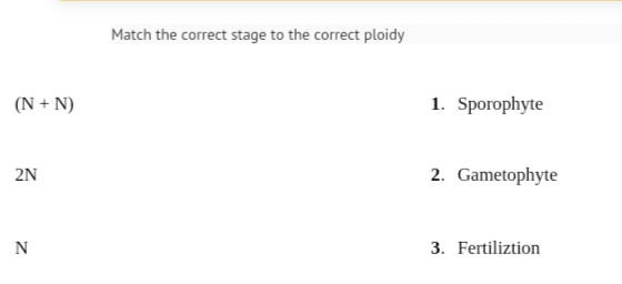 (N + N)
2N
N
Match the correct stage to the correct ploidy
1. Sporophyte
2. Gametophyte
3. Fertiliztion