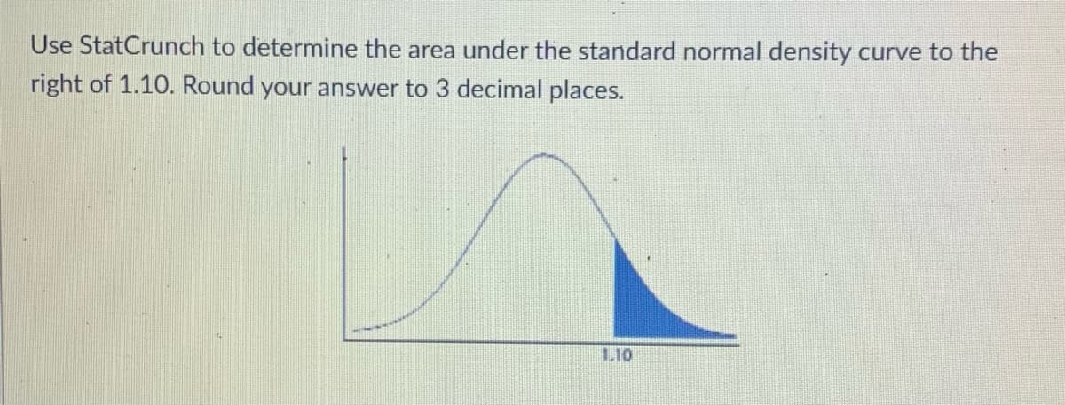 Use StatCrunch to determine the area under the standard normal density curve to the
right of 1.10. Round your answer to 3 decimal places.
1.10