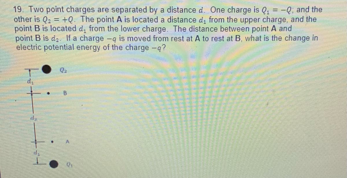 19. Two point charges are separated by a distance d. One charge is Q, = -Q, and the
other is Q, = +Q. The point A is located a distance d, from the upper charge, and the
point B is located d, from the lower charge. The distance between point A and
point B is d, If a charge-q is moved from rest at A to rest at B, what is the change in
electric potential energy of the charge -q?
