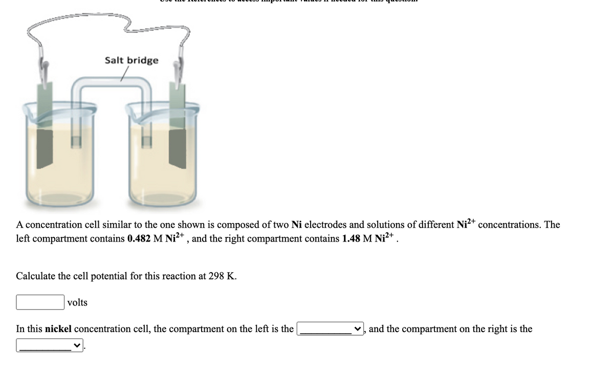 Salt bridge
A concentration cell similar to the one shown is composed of two Ni electrodes and solutions of different Ni?+ concentrations. The
left compartment contains 0.482 M Ni²+ , and the right compartment contains 1.48 M Ni²+ .
Calculate the cell potential for this reaction at 298 K.
volts
In this nickel concentration cell, the compartment on the left is the
v, and the compartment on the right is the
