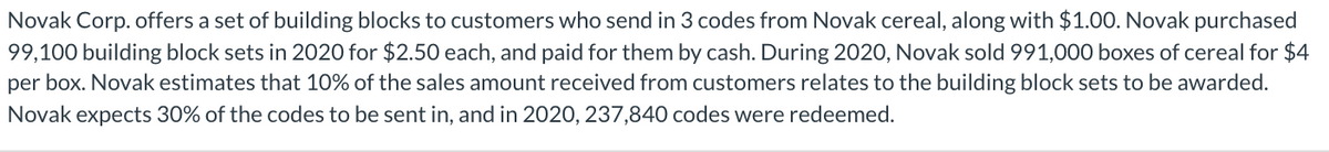 Novak Corp. offers a set of building blocks to customers who send in 3 codes from Novak cereal, along with $1.00. Novak purchased
99,100 building block sets in 2020 for $2.50 each, and paid for them by cash. During 2020, Novak sold 991,000 boxes of cereal for $4
per box. Novak estimates that 10% of the sales amount received from customers relates to the building block sets to be awarded.
Novak expects 30% of the codes to be sent in, and in 2020, 237,840 codes were redeemed.
