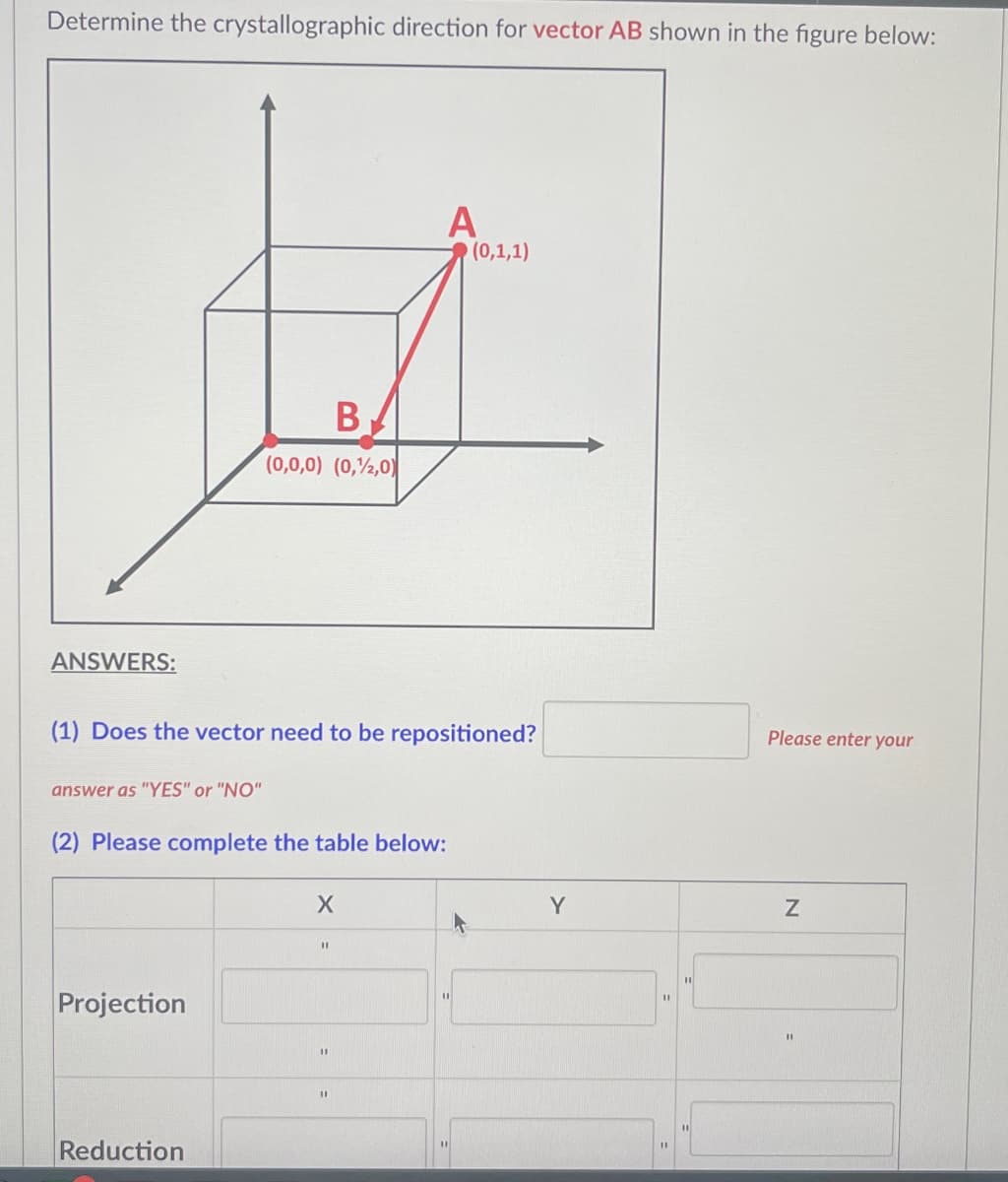 Determine the crystallographic direction for vector AB shown in the figure below:
ANSWERS:
answer as "YES" or "NO"
B
(0,0,0) (0,2,0)
(1) Does the vector need to be repositioned?
Projection
(2) Please complete the table below:
Reduction
X
A
11
"1
(0,1,1)
11
Y
11
11
Please enter your
N