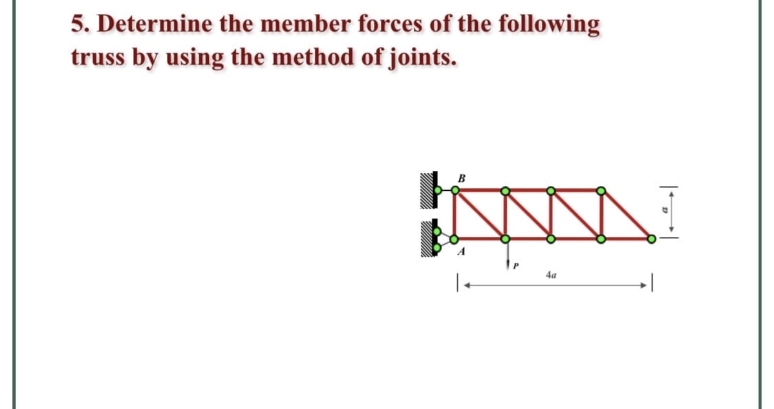 5. Determine the member forces of the following
truss by using the method of joints.
4a
