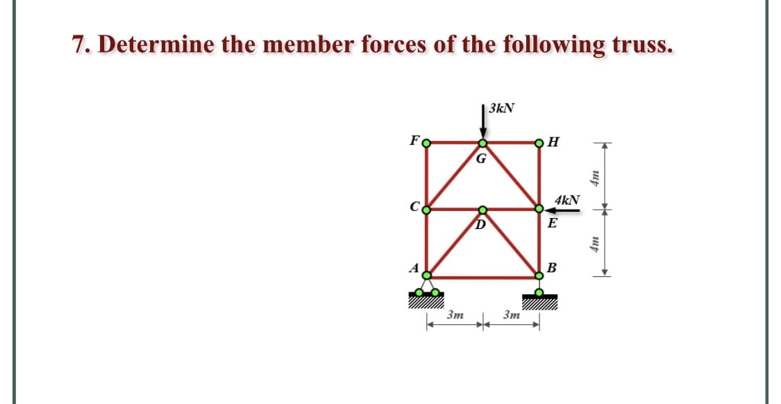 7. Determine the member forces of the following truss.
3kN
FO
G.
4kN
E
B
Зт
3m
up
