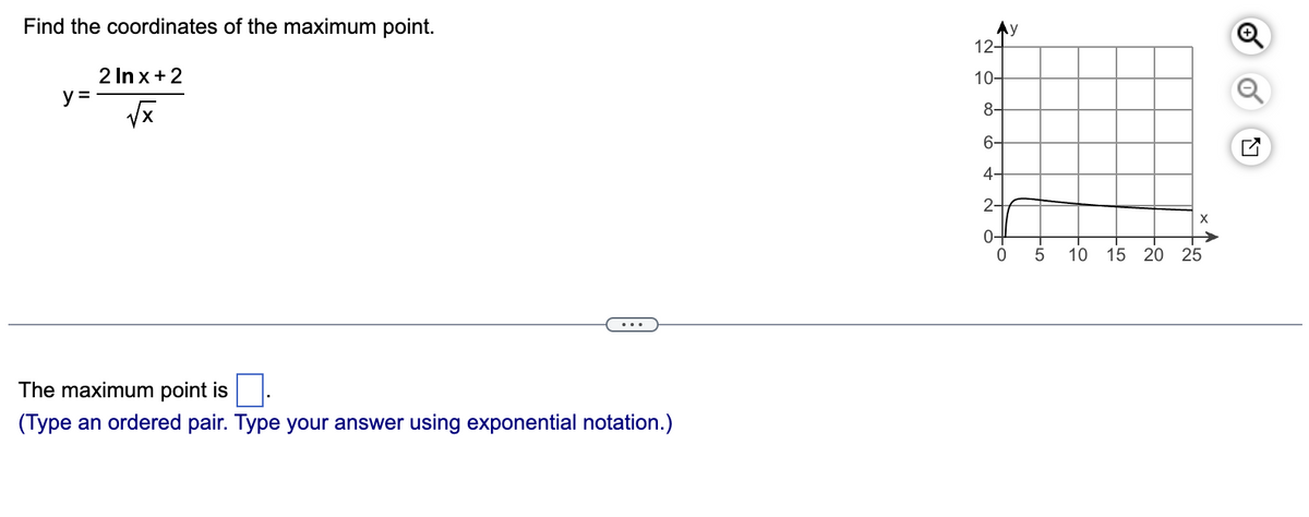 Find the coordinates of the maximum point.
2 ln x + 2
√x
y =
The maximum point is.
(Type an ordered pair. Type your answer using exponential notation.)
Ay
12-
10-
8-
6-
4-
2+
0+
-O
0
5
X
10 15 20 25