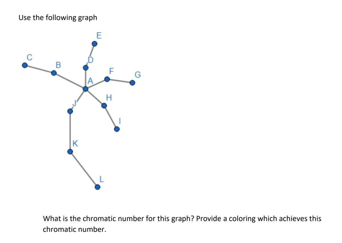 Use the following graph
C
В
F
G
A
H
K
What is the chromatic number for this graph? Provide a coloring which achieves this
chromatic number.
