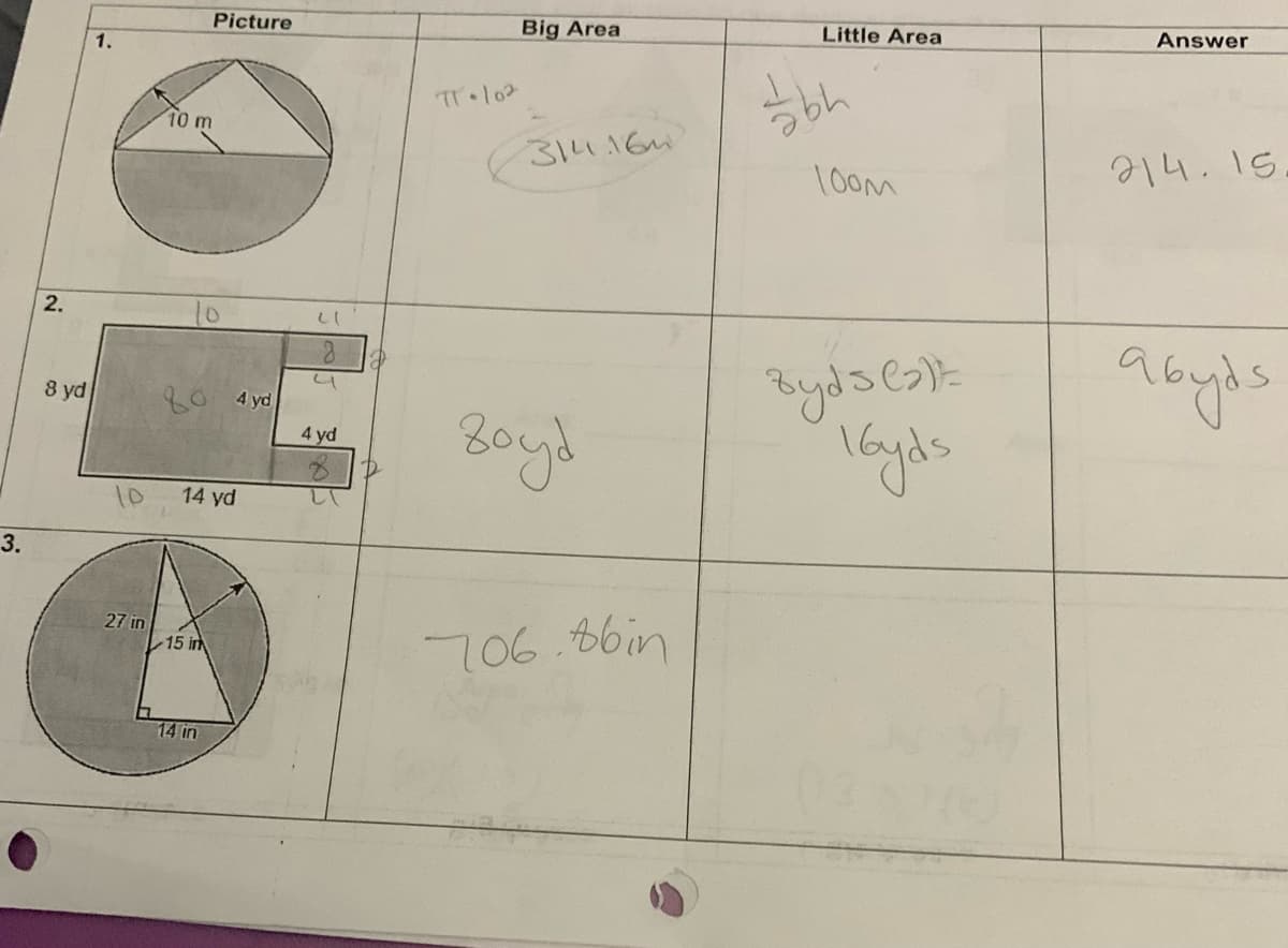 3.
2.
8 yd
1.
10 m
27 in
0 4 yd
10 14 yd
Picture
15 in
14 in
니
4
4 yd
TT-102
Big Area
314.16m
Boyd
706.86in
Little Area
=bh
100m
Byds (2)==
16yds
Answer
214.15
abyds