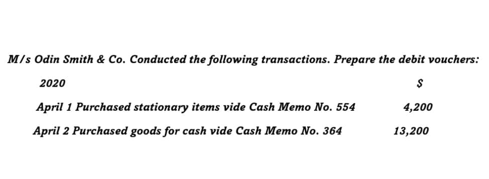 M/s Odin Smith & Co. Conducted the following transactions. Prepare the debit vouchers:
2020
April 1 Purchased stationary items vide Cash Memo No. 554
4,200
April 2 Purchased goods for cash vide Cash Memo No. 364
13,200
