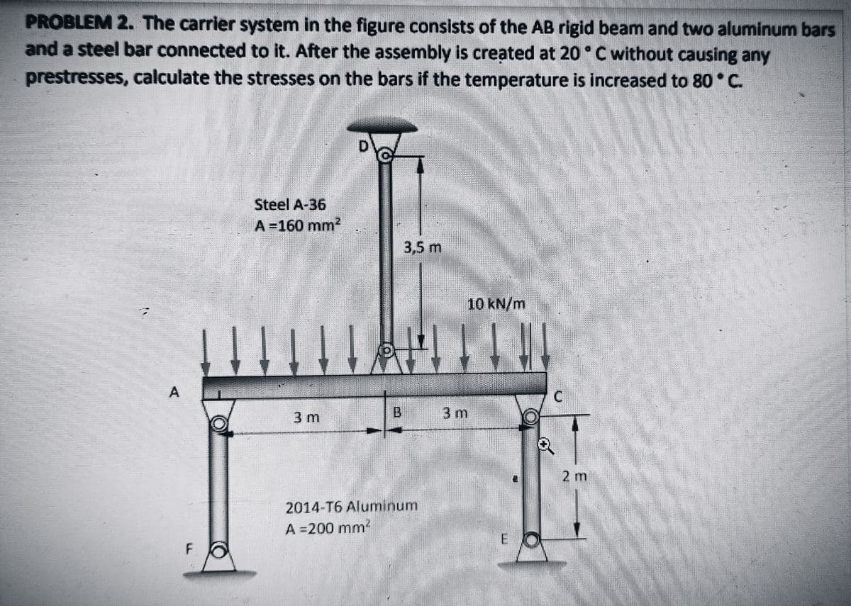 PROBLEM 2. The carrier system in the figure consists of the AB rigid beam and two aluminum bars
and a steel bar connected to it. After the assembly is created at 20 °C without causing any
prestresses, calculate the stresses on the bars if the temperature is increased to 80 C.
Steel A-36
A =160 mm?
3,5m
10 kN/m
3 m
3m
2 m
2014-T6 Aluminum
A =200 mm
E
A,
