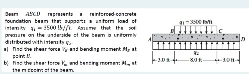 Beam ABCD represents a reinforced-concrete
foundation beam that supports a uniform load of
intensity q₁ = 3500 lb/ft. Assume that the soil
pressure on the underside of the beam is uniformly
distributed with intensity 92.
a) Find the shear force VB and bending moment Mg at
point B.
b) Find the shear force V and bending moment Mm at
the midpoint of the beam.
A
3.0 ft-
91 = 3500 lb/ft
92
-8.0 ft-
3.0 ft-