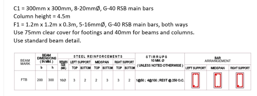 C1 = 300mm x 300mm, 8-20mmØ, G-40 RSB main bars
Column height = 4.5m
F1 = 1.2m x 1.2m x 0.3m, 5-16mmØ, G-40 RSB main bars, both ways
Use 75mm clear cover for footings and 40mm for beams and columns.
Use standard beam detail.
BEAM
DIMENSIONS
STEEL REINFORCEMENTS
STIRRUPS
10 MM. Ø
BEAM
MARK
(IN MM.)
REBARS LEFT SUPPORT MIDSPAN RIGHT SUPPORT
SIZE
TOP BOTTOM TOP BOTTOM TOP BOTTOM
(UNLESS NOTED OTHERWISE)
b
h
(MM)
FTB
200
300 160
3 2
3
3
2
1@50; 4@100; REST @ 250 O.C.
BAR
ARRANGEMENT
LEFT SUPPORT MIDSPAN
RIGHT SUPPORT