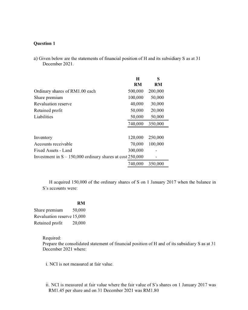 Question 1
a) Given below are the statements of financial position of H and its subsidiary S as at 31
December 2021.
Ordinary shares of RM1.00 each
Share premium
Revaluation reserve
Retained profit
Liabilities
Inventory
Accounts receivable
H
RM
120,000 250,000
70,000 100,000
Fixed Assets - Land
300,000
Investment in S - 150,000 ordinary shares at cost 250,000
RM
Share premium 50,000
Revaluation reserve 15,000
Retained profit 20,000
S
RM
500,000 200,000
100,000
50,000
40,000
30,000
50,000 20,000
50,000 50,000
740,000 350,000
i. NCI is not measured at fair value.
H acquired 150,000 of the ordinary shares of S on 1 January 2017 when the balance in
S's accounts were:
740,000 350,000
Required:
Prepare the consolidated statement of financial position of H and of its subsidiary S as at 31
December 2021 where:
ii. NCI is measured at fair value where the fair value of S's shares on 1 January 2017 was
RM1.45 per share and on 31 December 2021 was RM1.80