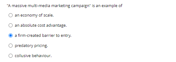 "A massive multi-media marketing campaign" is an example of
an economy of scale.
an absolute cost advantage.
a firm-created barrier to entry.
predatory pricing.
collusive behaviour.
