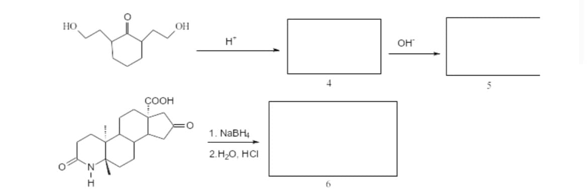 ### Organic Chemistry Reactions

The diagram illustrates two distinct organic chemical reactions involving multi-step processes. Below, each reaction is described in detail:

#### Reaction 1:
1. **Starting Material:**
   - A cyclic compound with two hydroxyl (-OH) groups and one ketone (C=O) group.

2. **Step 1:**
   - **Condition:** Acidic medium (H⁺)
   - **Product 4:**
     - The exact structure of product 4 is not detailed in the diagram but is represented by a blank rectangle labeled as "4."

3. **Step 2:**
   - **Condition:** Basic medium (OH⁻)
   - **Product 5:**
     - The exact structure of product 5 is also not detailed in the diagram but is represented by a blank rectangle labeled as "5."

#### Reaction 2:
1. **Starting Material:**
   - A complex cyclic compound with a ketone (C=O), carboxyl (-COOH), and an indole (cyclic with N-H) structure.

2. **Step 1:**
   - **Reagent:** Sodium borohydride (NaBH₄)
   
3. **Step 2:**
   - **Condition:** Aqueous HCl (H₂O, HCl)
   
4. **Product 6:**
   - The exact structure of product 6 is not detailed in the diagram but is represented by a blank rectangle labeled as "6."

This depiction highlights the transformation of compounds via specific reagents and conditions to yield various products. Understanding the conditions and reagents used is fundamental to predicting and identifying the products of such organic reactions.