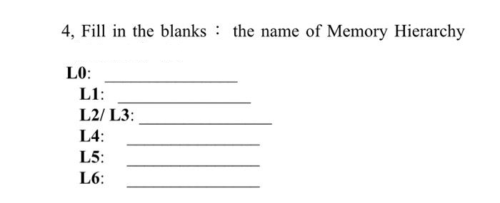 4, Fill in the blanks the name of Memory Hierarchy
LO:
L1:
L2/L3:
L4:
L5:
L6: