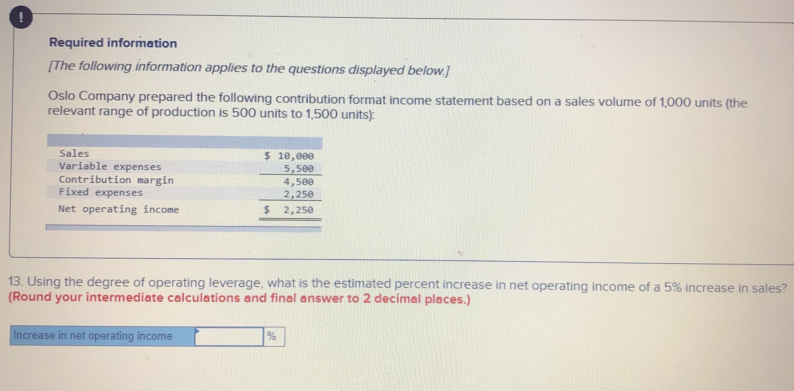 Required information
[The following information applies to the questions displayed below]
Oslo Company prepared the following contribution format income statement based on a sales volume of 1,000 units (the
relevant range of production is 500 units to 1,500 units):
Sales
Variable expenses
Contribution margin
Fixed expenses
$ 10,000
5,500
4,500
2,250
Net operating income
2,250
13. Using the degree of operating leverage, what is the estimated percent increase in net operating income of a 5% increase in sales?
(Round your intermediate calculations and final answer to 2 decimal places.)
Increase in net operating income
