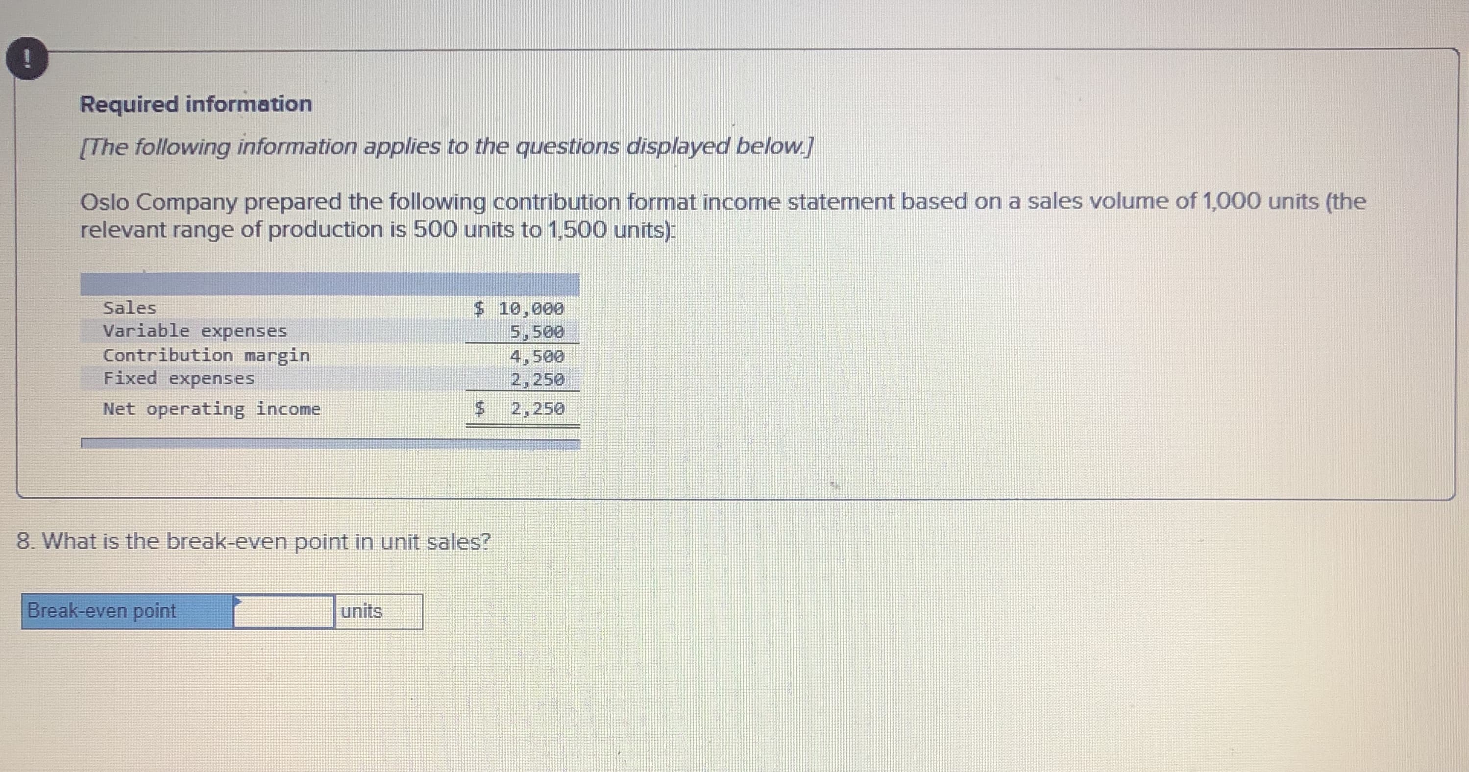 Required information
[The following information applies to the questions displayed below]
Oslo Company prepared the following contribution format income statement based on a sales volume of 1,000 units (the
relevant range of production is 500 units to 1,500 units):
Sales
Variable expenses
Contribution margin
Fixed expenses
$ 10,000
5,500
4,500
2,250
Net operating income
2,250
8. What is the break-even point in unit sales?
Break-even point
units
