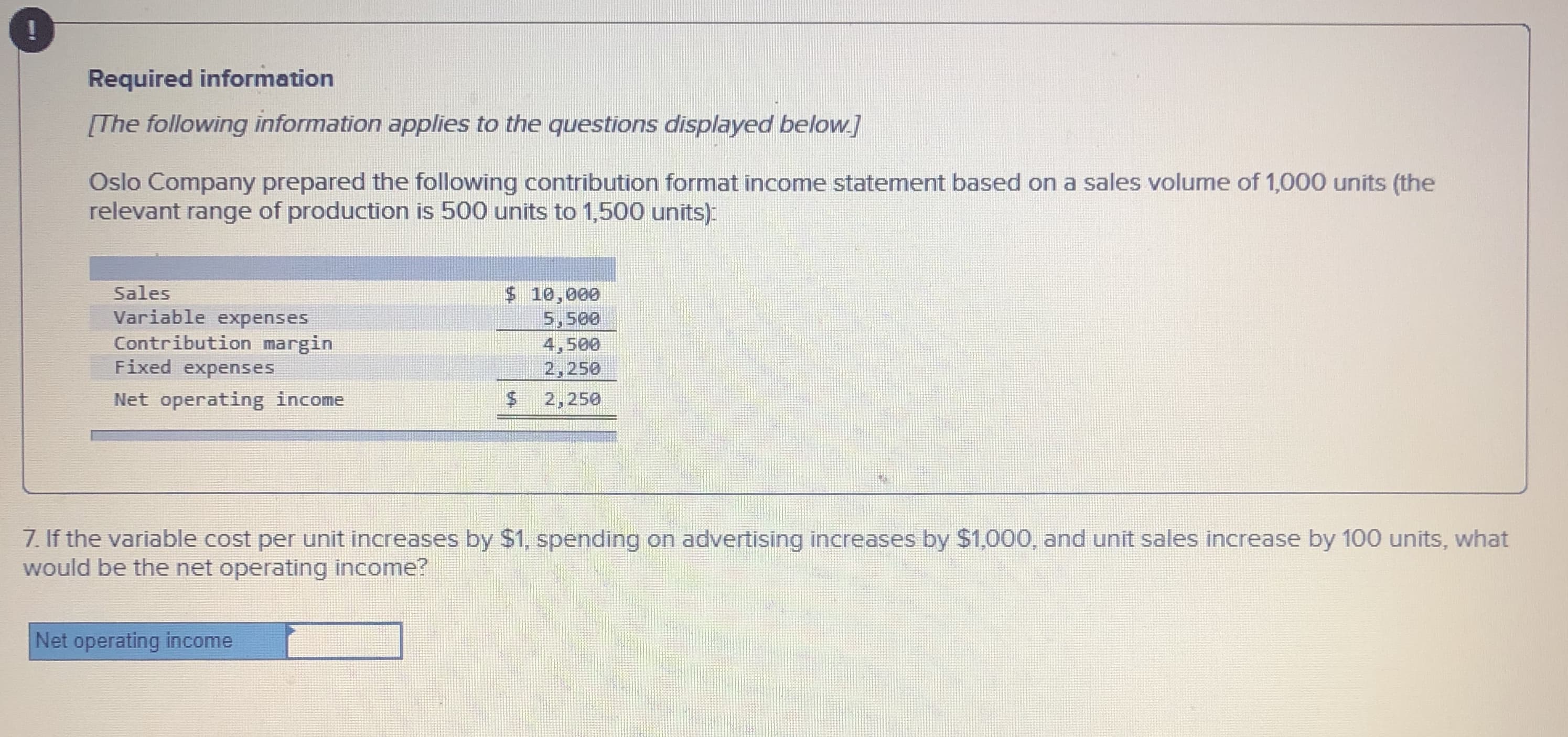 Required information
[The following information applies to the questions displayed below]
Oslo Company prepared the following contribution format income statement based on a sales volume of 1,000 units (the
relevant range of production is 500 units to 1,500 units):
Sales
Variable expenses
Contribution margin
Fixed expenses
$ 10,000
5,500
4,500
2,250
Net operating income
2,250
7. If the variable cost per unit increases by $1, spending on advertising increases by $1,000, and unit sales increase by 100 units, what
would be the net operating income?
Net operating income
