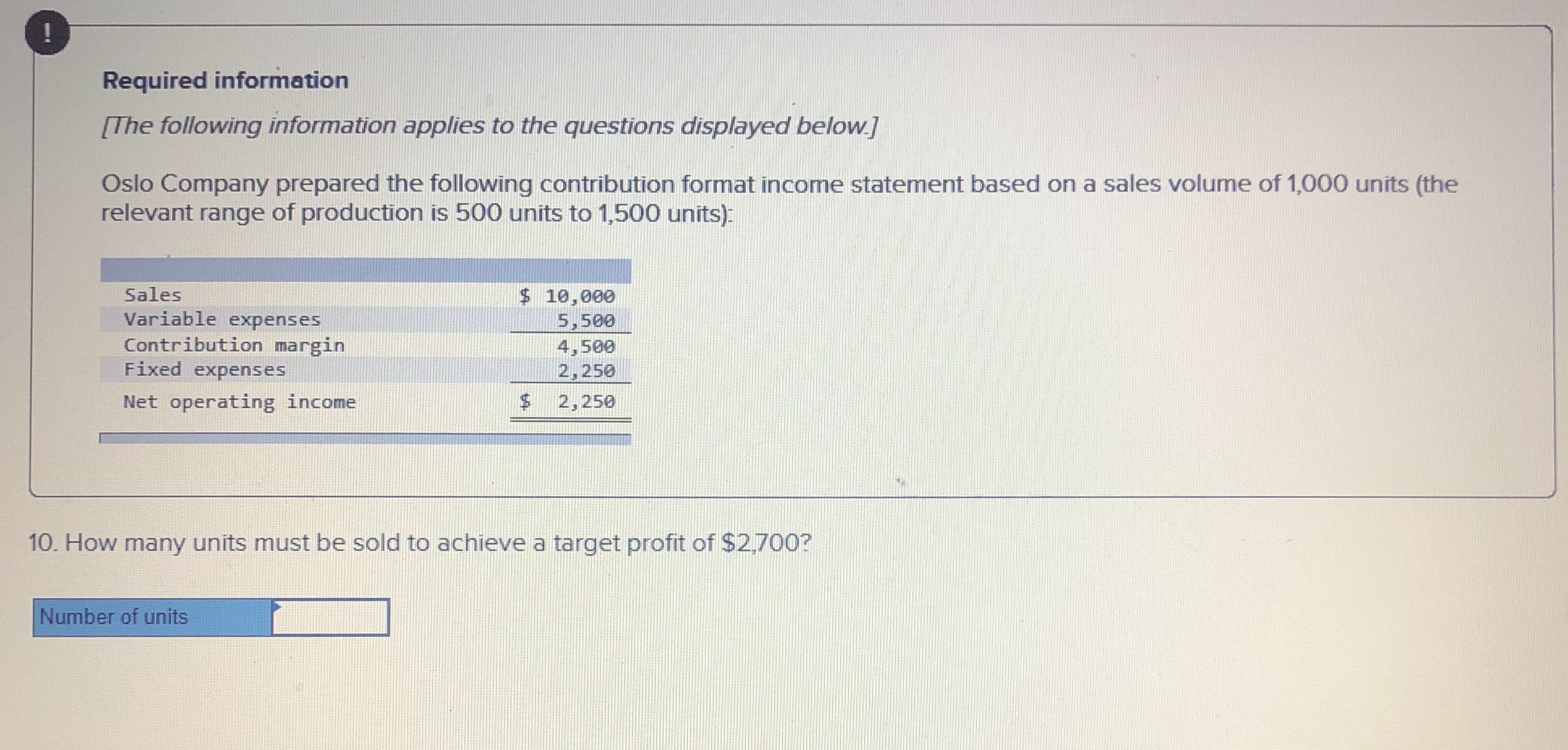 Required information
[The following information applies to the questions displayed below.]
Oslo Company prepared the following contribution format income statement based on a sales volume of 1,000 units (the
relevant range of production is 500 units to 1,500 units)
Sales
Variable expenses
Contribution margin
Fixed expenses
$ 10,000
5,500
4,500
2,250
Net operating income
2,250
10. How many units must be sold to achieve a target profit of $2,700?
Number of units
