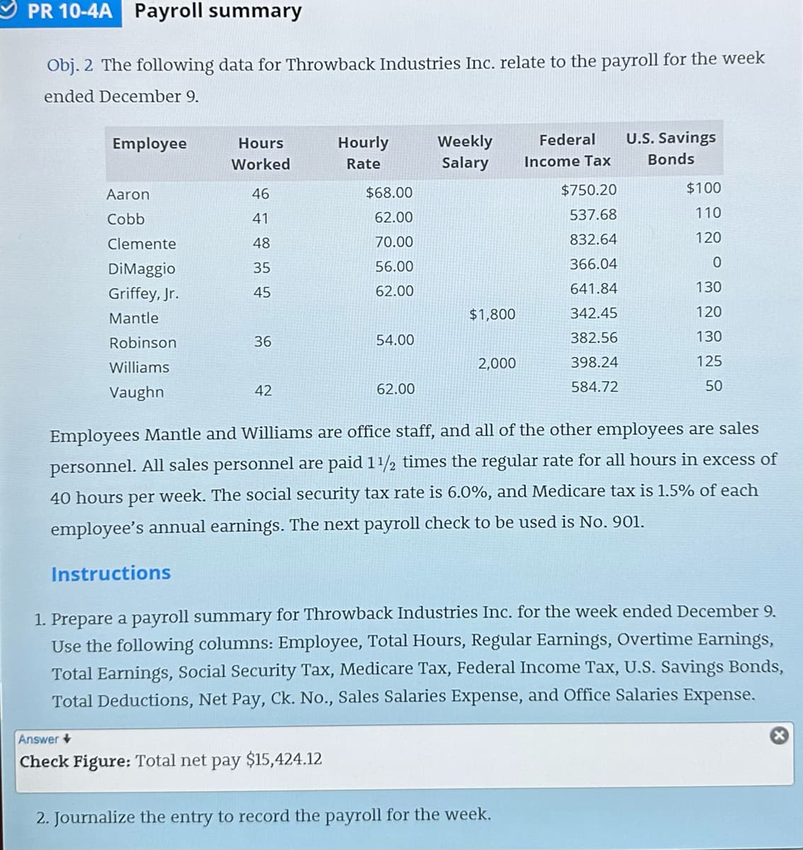 PR 10-4A Payroll summary
Obj. 2 The following data for Throwback Industries Inc. relate to the payroll for the week
ended December 9.
Employee
Aaron
Cobb
Clemente
DiMaggio
Griffey, Jr.
Mantle
Robinson
Williams
Vaughn
Hours
Worked
46
41
48
35
45
36
42
Hourly
Rate
$68.00
62.00
70.00
56.00
62.00
Answer
Check Figure: Total net pay $15,424.12
54.00
62.00
Weekly
Salary
$1,800
2,000
Federal
Income Tax
$750.20
537.68
832.64
366.04
641.84
342.45
382.56
398.24
584.72
2. Journalize the entry to record the payroll for the week.
U.S. Savings
Bonds
Employees Mantle and Williams are office staff, and all of the other employees are sales
personnel. All sales personnel are paid 11/2 times the regular rate for all hours in excess of
40 hours per week. The social security tax rate is 6.0%, and Medicare tax is 1.5% of each
employee's annual earnings. The next payroll check to be used is No. 901.
Instructions
$100
110
120
0
130
120
130
125
50
1. Prepare a payroll summary for Throwback Industries Inc. for the week ended December 9.
Use the following columns: Employee, Total Hours, Regular Earnings, Overtime Earnings,
Total Earnings, Social Security Tax, Medicare Tax, Federal Income Tax, U.S. Savings Bonds,
Total Deductions, Net Pay, Ck. No., Sales Salaries Expense, and Office Salaries Expense.