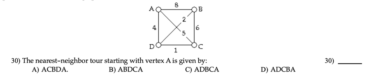 8
A
B
2
6
4
DO
1
30) The nearest-neighbor tour starting with vertex A is given by:
B) ABDCA
30)
А) АСBDA.
C) ADBCA
D) ADCBA
