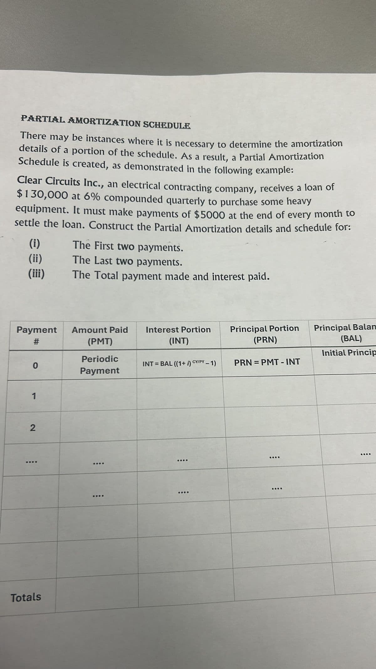 PARTIAL AMORTIZATION SCHEDULE
There may be instances where it is necessary to determine the amortization
details of a portion of the schedule. As a result, a Partial Amortization
Schedule is created, as demonstrated in the following example:
Clear Circuits Inc., an electrical contracting company, receives a loan of
$130,000 at 6% compounded quarterly to purchase some heavy
equipment. It must make payments of $5000 at the end of every month to
settle the loan. Construct the Partial Amortization details and schedule for:
(i)
The First two payments.
(ii)
The Last two payments.
(iii)
The Total payment made and interest paid.
Payment
Amount Paid Interest Portion
#
(PMT)
(INT)
Principal Portion
(PRN)
Periodic
0
INT = BAL ((1+i) CY/PY − 1)
PRN = PMT-INT
Principal Balan
(BAL)
Initial Princip
Payment
1
2
Totals