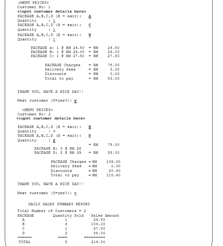 <MENU PRICES>
Customer No: 1
<input customer details here>
РАСКAGE A, в, с, D (X %3Dexit):
: 1
РАСКAGE A, в, с, D (X %3Dexit):
: 1
РАСКAGE A, в, с, D (X %3Dexit):
: 1
A
Quantity
Quantity
в
Quantity
PACKAGE a: 1 @ RM 24.50
РАСКAGE B: 1 @ RM 26.0о
PACKAGE C: 1 @ RM 27.50
= RM
= RM
= RM
24.50
26.00
27.50
= RM
= RM
= RM
PACKAGE Charges
78.00
Delivery fees
5.00
Discounts
0.00
Total to pay
= RM
83.00
THANK YOU, HAVE A NICE DAY!!
Next customer (Y=yes?): Y
<MENU PRICES>
Customer No: 2
<input customer details here>
РАСКAGE A, B, с, D (X %3D еxit):
Quantity
PACKAGE A, B,C,D (X = exit):
Quantity
B
: 3
D
: 2
= RM
78.00
РАСКAGE B: 3е Rм 26
PACKAGE D: 2 @ RM 29
= RM
58.00
PACKAGE Charges
Delivery fees
Discounts
RM
136.00
= RM
0.00
= RM
= RM
20.40
Total to pay
115.60
THANK YOU, HAVE A NICE DAY!!
Next customer (Y=yes?): n
DAILY SALES SUMMARY REPORT
Total Number of Customers = 2
PACKAGE
Quantity Sold
1
Sales Amount
A
24.50
B
4
104.00
1
27.50
D
58.00
====--
=====
TOTAL
214.00
el
