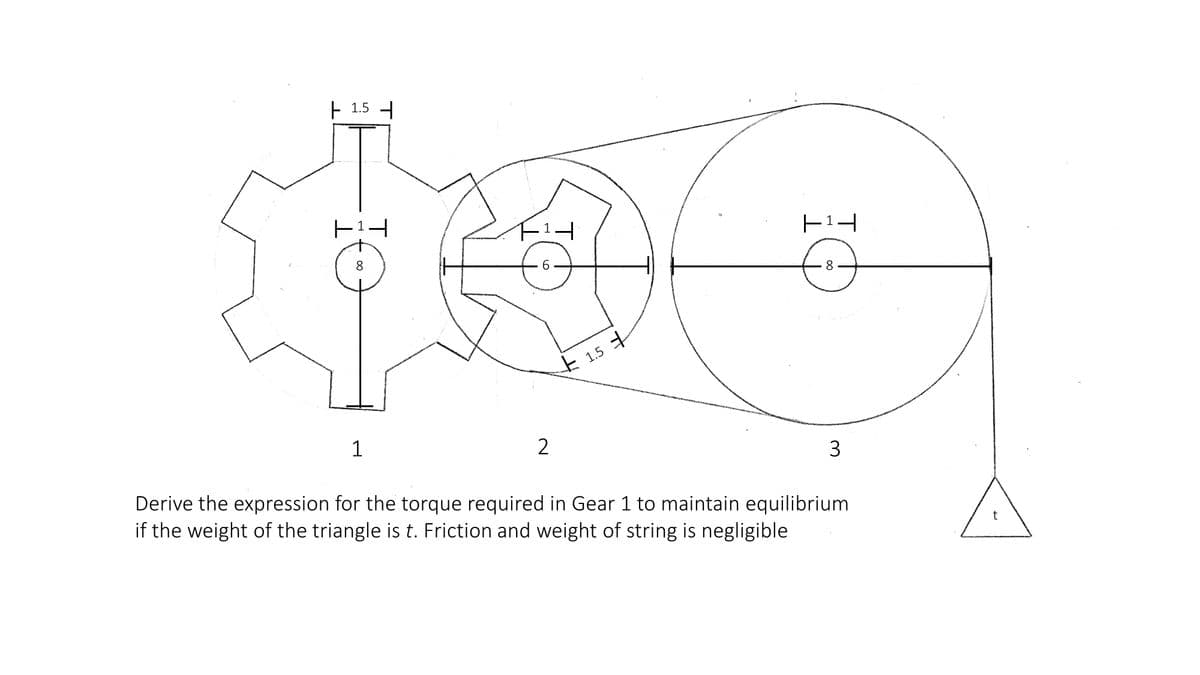 E 1.5 -
8
6.
8
1.5
1
2
Derive the expression for the torque required in Gear 1 to maintain equilibrium
if the weight of the triangle is t. Friction and weight of string is negligible
IG
