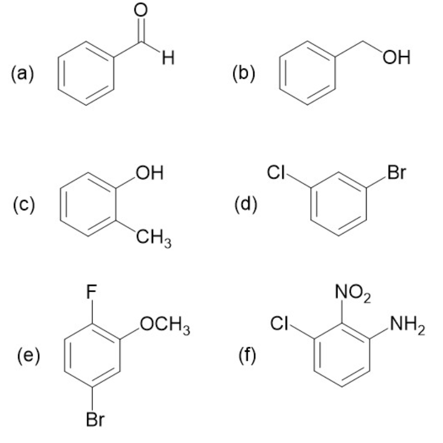 (a)
(c)
(e)
F
Br
O
H
OH
CH3
LOCH 3
(b)
(d)
(f)
CI
CI
NO₂
OH
Br
NH₂