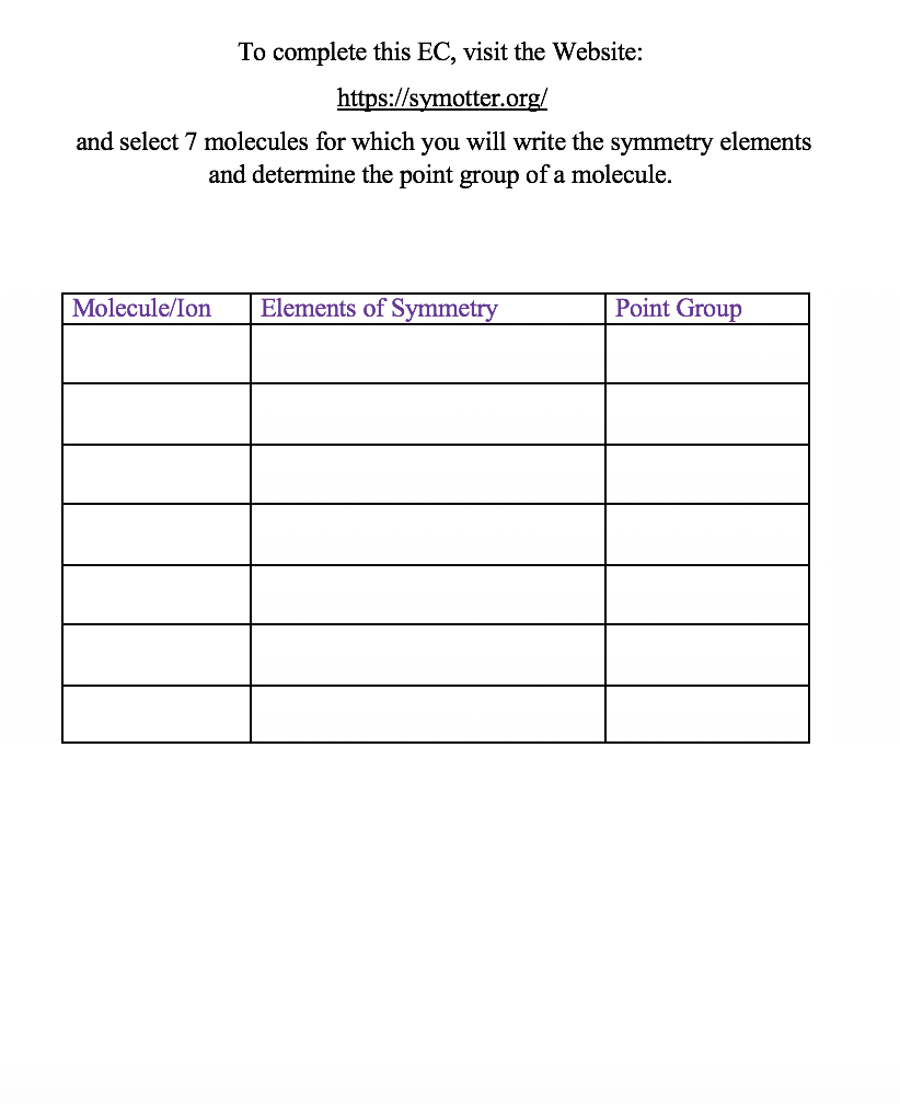 To complete this EC, visit the Website:
https://symotter.org/
and select 7 molecules for which you will write the symmetry elements
and determine the point group of a molecule.
Molecule/Ion
Elements of Symmetry
Point Group
