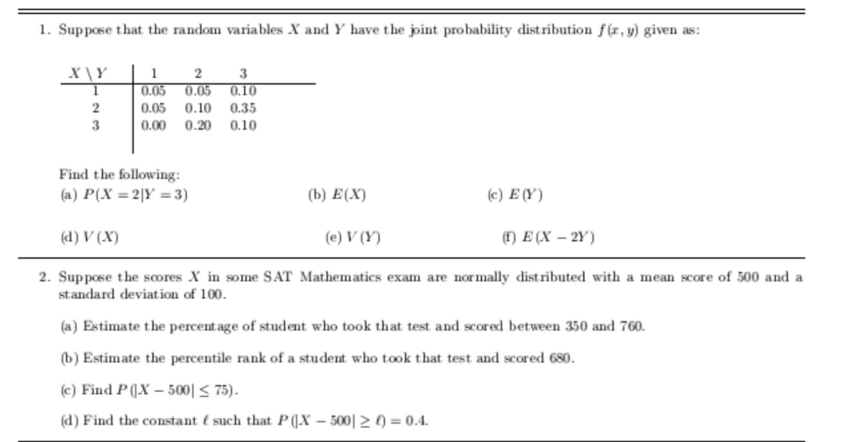 1. Suppose that the random variables X and Y have the joint probability distribution f(r, y) given as:
_X \Y
1
0.05
0.05
0.10
0.05
0.10
0.35
3
0.00
0.20
0.10
Find the following:
(a) P(X = 2|Y =3)
(b) E(X)
(c) E (Y)
(d) V (X)
(e) V (Y)
(F) E (X – 2Y)
2. Suppose the scores X in some SAT Mathematics exam are normally distributed with a mean score of 500 and a
standard deviation of 100.
(a) Estimate the percentage of student who took that test and scored between 350 and 760.
(b) Estimate the percentile rank of a student who took that test and scored 680.
(c) Find P (X – 500|< 75).
(d) Find the constant é such that P(X – 500|2) = 0.4.
