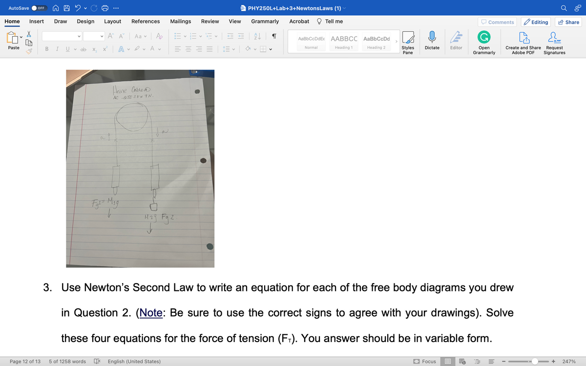 D 2 ✓ C
Home Insert Draw Design
AutoSave OFF
V
Paste
Page 12 of 13
B I
✓ ab x₂
Layout
A A Aav
A
5 of 1258 words
References
Fgl= M₁g
↓
V
Αν
Heine Cable
AC -QIE 2FN TN.
Mailings Review View
=
Mzg Fgz.
↓
English (United States)
W PHY250L+Lab+3+NewtonsLaws (1)
V
Grammarly Acrobat
A
E✓ ✓
Tell me
AaBbCcDdEe AABBCC AaBbCcDd
Heading 1
Heading 2
Normal
>
Styles
Pane
Dictate
E
Editor
Focus
Comments
G
Open
Grammarly
3. Use Newton's Second Law to write an equation for each of the free body diagrams you drew
in Question 2. (Note: Be sure to use the correct signs to agree with your drawings). Solve
these four equations for the force of tension (F₁). You answer should be in variable form.
I
Editing
Create and Share
XM
Share
Request
Adobe PDF Signatures
+ 247%