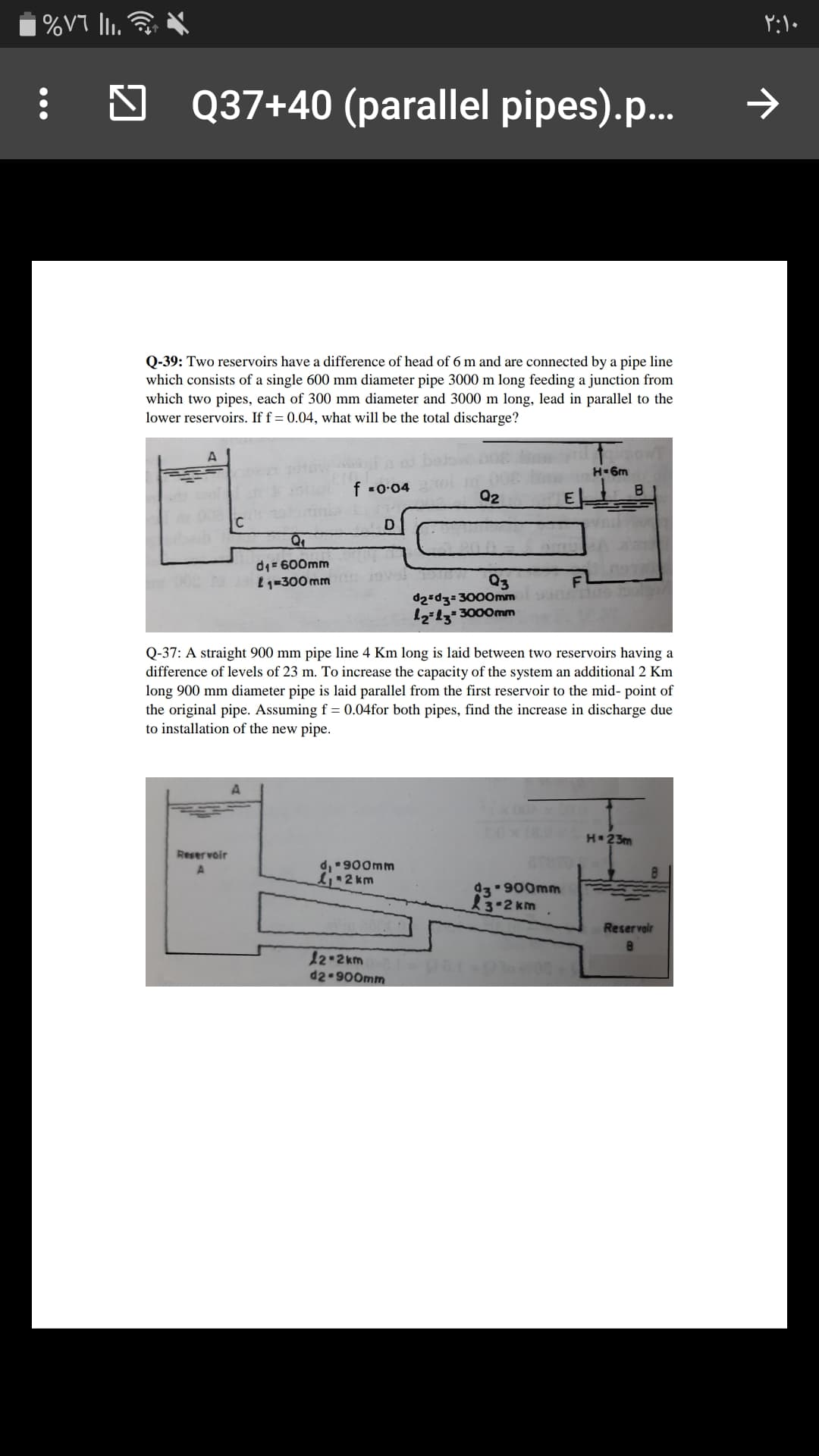 Q-39: Two reservoirs have a difference of head of 6 m and are connected by a pipe line
which consists of a single 600 mm diameter pipe 3000 m long feeding a junction from
which two pipes, each of 300 mm diameter and 3000 m long, lead in parallel to the
lower reservoirs. If f = 0.04, what will be the total discharge?
A
H-6m
f -0-04
Q2
C
d1= 600mm
199
d2=d3=3000mm
12-1-3000mm
L1=300 mm
Q3
Q-37: A straight 900 mm pipe line 4 Km long is laid between two reservoirs having a
difference of levels of 23 m. To increase the capacity of the system an additional 2 Km
long 900 mm diameter pipe is laid parallel from the first reservoir to the mid- point of
the original pipe. Assuming f = 0.04for both pipes, find the increase in discharge due
to installation of the new pipe.
A
H-23m
Reservoir
d,900mm
Lj 2 km
d3 900mm
3-2 km
Reservoir
8.
12-2km
d2-900mm
