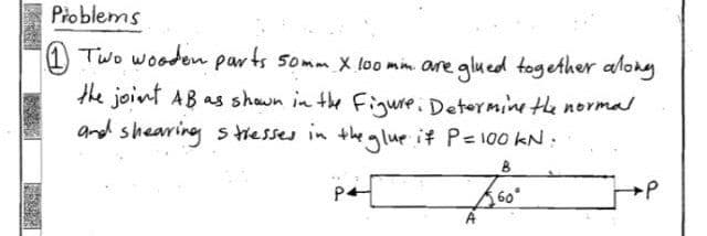 4264
Problems
1 Two wooden parts 50mm x 100 mm. are glued together along
the joint AB as shown in the Figure. Determine the normal
and shearing stresses in the glue if P= 100 kN:
B
3.60.
60°