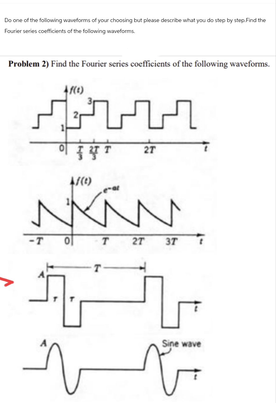 Do one of the following waveforms of your choosing but please describe what you do step by step. Find the
Fourier series coefficients of the following waveforms.
Problem 2) Find the Fourier series coefficients of the following waveforms.
کر
-T
4f(t)
音誓?
4f(t)
2T
Kw
이 T 2T 37 7
T
مند
Sine wave