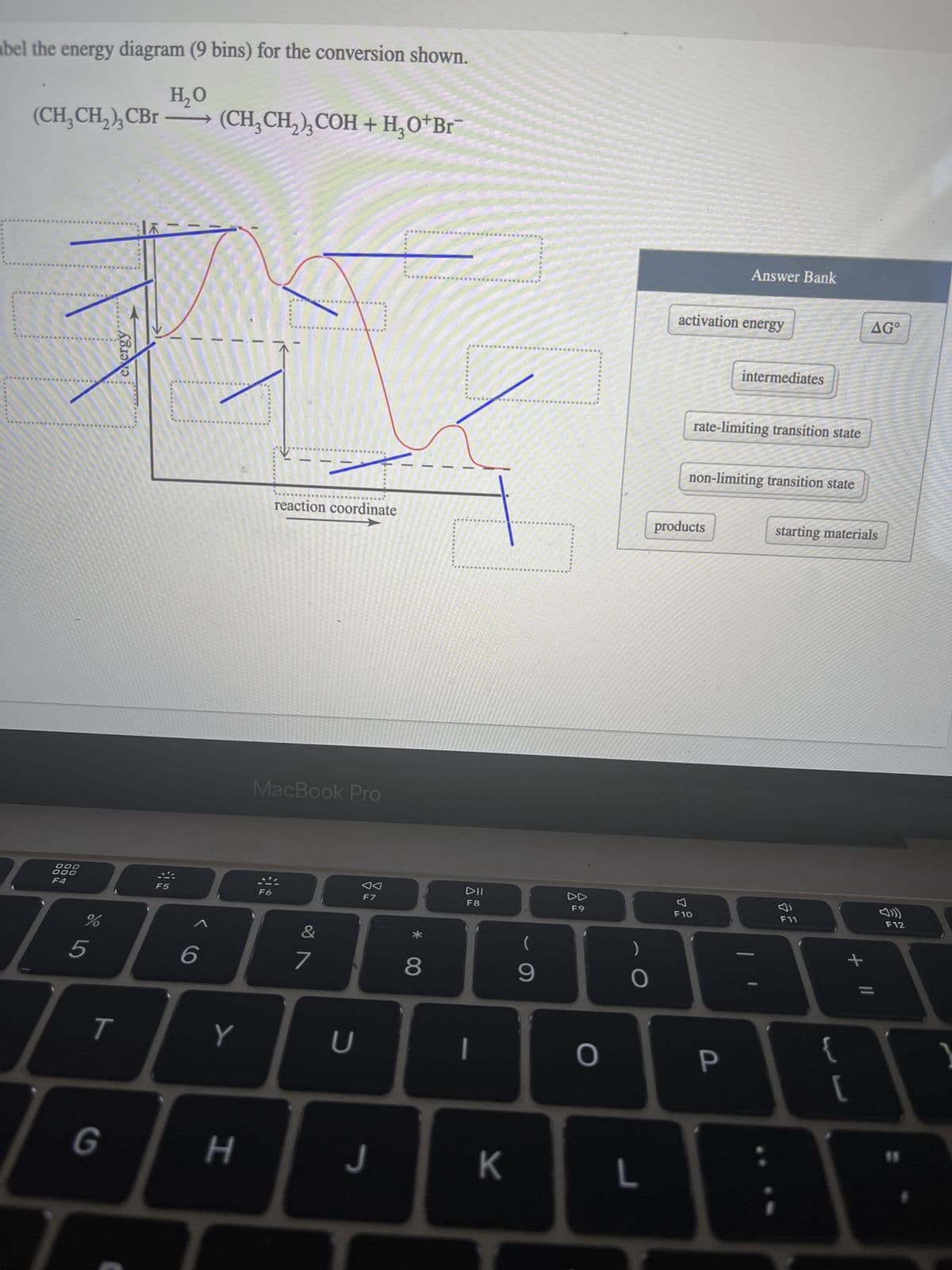 bel the energy diagram (9 bins) for the conversion shown.
H₂O
(CH₂CH₂), CBr -
000
000
F4
%
5
T
G
exergy
F5
6
(CH₂CH₂)3COH + H₂O*Br
Y
H
reaction coordinate
MacBook Pro
&
7
U
F7
J
=
* 0
8
DII
F8
1
K
(
9
DD
O
O
L
activation energy
Answer Bank
products
F10
rate-limiting transition state
non-limiting transition state
intermediates
P
starting materials
F11
{
AG°
+ 11
F12
11
)