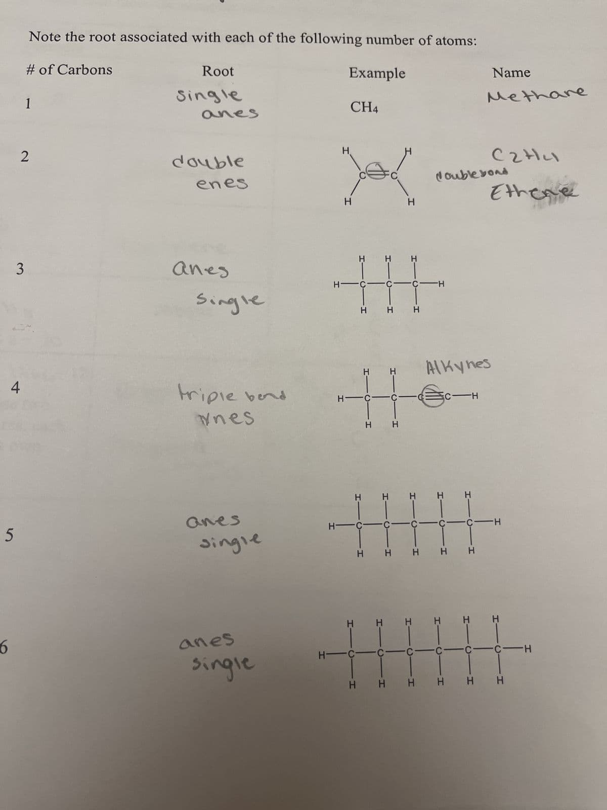 5
6
3
4
2
Note the root associated with each of the following number of atoms:
Example
Root
Single
# of Carbons
1
anes
double
enes
anes
Single
triple bend
nes
anes
single
anes
single
H
CH4
H
X
H
HTC1
1C1
H
H-C
CCC H
H H H
H
H
H
HIC CIG C-H
HIC
H
H
H H
-H
CIH
HIC
-C-C
H H H
double bond
Alkynes
H
с
-H
Name
Methane
C래니
сгни
Ethene
H H H
-C-H
H H H H
H—C—C C C C C-H
H H H H H H