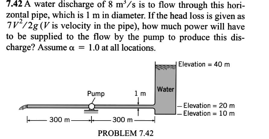 7.42 A water discharge of 8 m³/s is to flow through this hori-
zontal pipe, which is 1 m in diameter. If the head loss is given as
7V²/2g (V is velocity in the pipe), how much power will have
to be supplied to the flow by the pump to produce this dis-
charge? Assume a = 1.0 at all locations.
Elevation = 40 m
Water
Pump
1 m
- Elevation = 20 m
Elevation 10 m
300 m
- 300 m.
PROBLEM 7.42