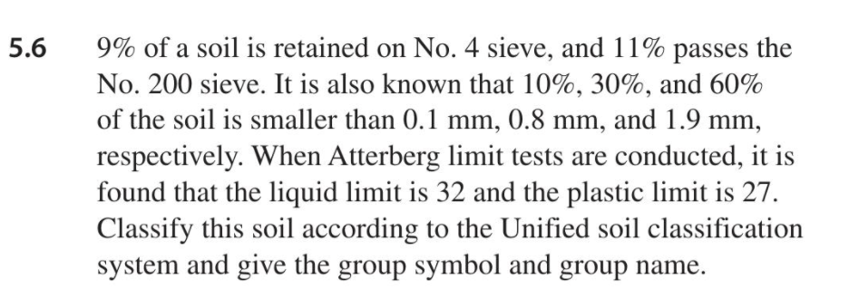 9% of a soil is retained on No. 4 sieve, and 11% passes the
No. 200 sieve. It is also known that 10%, 30%, and 60%
of the soil is smaller than 0.1 mm, 0.8 mm, and 1.9 mm,
5.6
respectively. When Atterberg limit tests are conducted, it is
found that the liquid limit is 32 and the plastic limit is 27.
Classify this soil according to the Unified soil classification
system and give the group symbol and group name.
