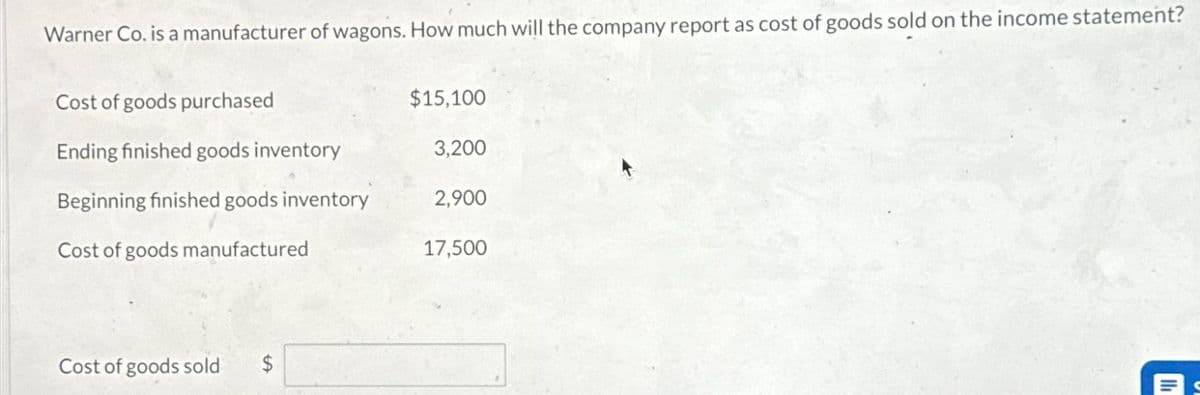 Warner Co. is a manufacturer of wagons. How much will the company report as cost of goods sold on the income statement?
Cost of goods purchased
Ending finished goods inventory
Beginning finished goods inventory
Cost of goods manufactured
Cost of goods sold
LA
$15,100
3,200
2,900
17,500