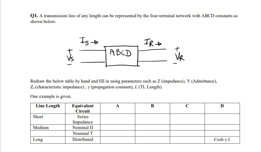 Q1. A transmission line of any length can be represented by the four-terminal network with ABCD constants as
shown below:
Isto
IR+
ABCD
VR
Redraw the below table by hand and fill in using parameters such as Z (impedance), Y (Admittance),
Z-(characteristic impedance), y (propagation constant), L (TL Length).
One example is given.
Line Length
Equivalent
Circuit
A
C
Short
Series
Impedance
Nominal II
Medium
Nominal T
Long
Distributed
Cosh y L
