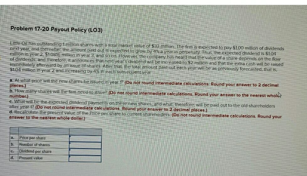 Problem 17-2O Payout Policy (LO3)
Little Oil has outstanding 1 million shares with a total market value of $33 million. The firm is expected to pay $1.00 million of dividends
next year, and thereafter, the amount paid out is expected to grow by 4% a year in perpetuity. Thus, the expected dividend is $104
million in year2, $1.0816 million in year 3, and so on However, the company has heard that the value of a share depends on the flow
of dividends, and therefore, it announces that next year's dividend will be increased to $2 million and that the extra cash will be raised
immediately afterward by an issue of shares. After that, the total amount paid out each year will be as previously forecasted, that is.
$1.04 million in year 2 and increasing by 4% in each subsequent year.
a. At what price will the new shares be jssued in year 1? (Do not round intermediate calculations. Round your answer to 2 decimal
places.)
b. How many shares will the firm need to issue? (Do not round intermediate calculations. Round your answer to the nearest wholes
number.)
c. What will be the expected dividend payments on these new shares and what, therefore, will be paid out to the old shareholders
after year 1? (Do not round intermediate calculations. Round your answer to 2 decimal places.)
d. Recalculate the present value of the Price per share to current shareholders (Do not round intermediate calculations. Round your
answer to the nearest whole dollar.)
a. Price per share
Number of shares
b.
C.
Dividend per share
d. Present value
