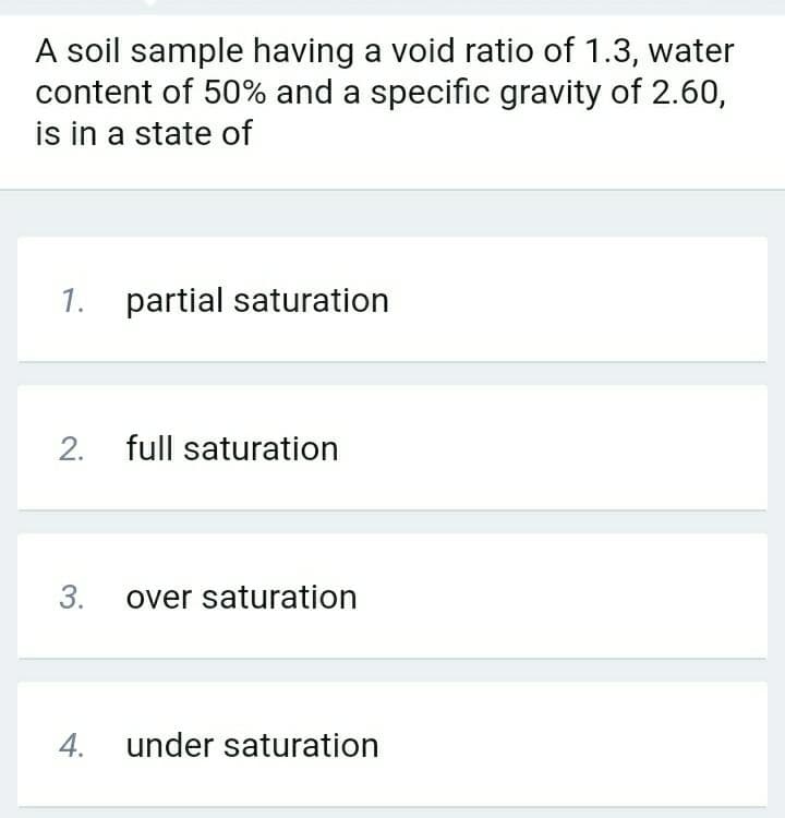 A soil sample having a void ratio of 1.3, water
content of 50% and a specific gravity of 2.60,
is in a state of
1. partial saturation
full saturation
3. over saturation
4.
under saturation
2.
