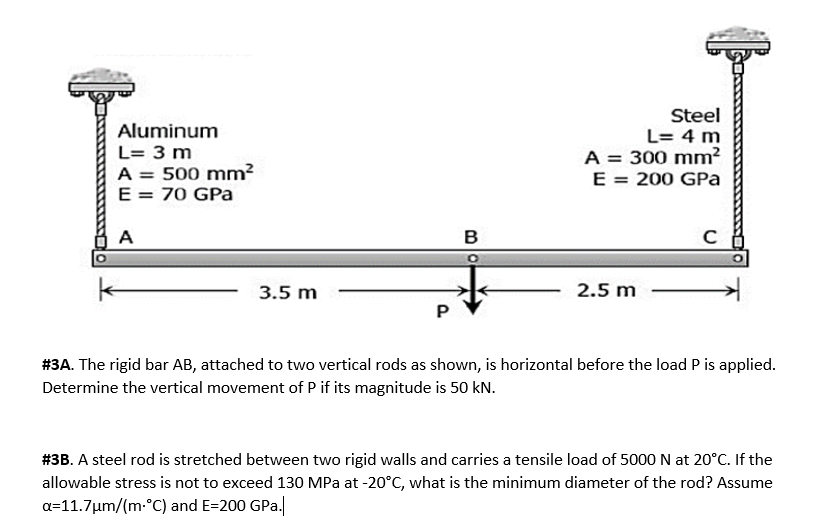 Aluminum
L= 3 m
A = 500 mm²
E = 70 GPa
A
3.5 m
P
B
Steel
L = 4 m
A = 300 mm²
E = 200 GPa
2.5 m
с
# 3A. The rigid bar AB, attached to two vertical rods as shown, is horizontal before the load P is applied.
Determine the vertical movement of P if its magnitude is 50 kN.
#3B. A steel rod is stretched between two rigid walls and carries a tensile load of 5000 N at 20°C. If the
allowable stress is not to exceed 130 MPa at -20°C, what is the minimum diameter of the rod? Assume
a=11.7μm/(m-°C) and E=200 GPa.