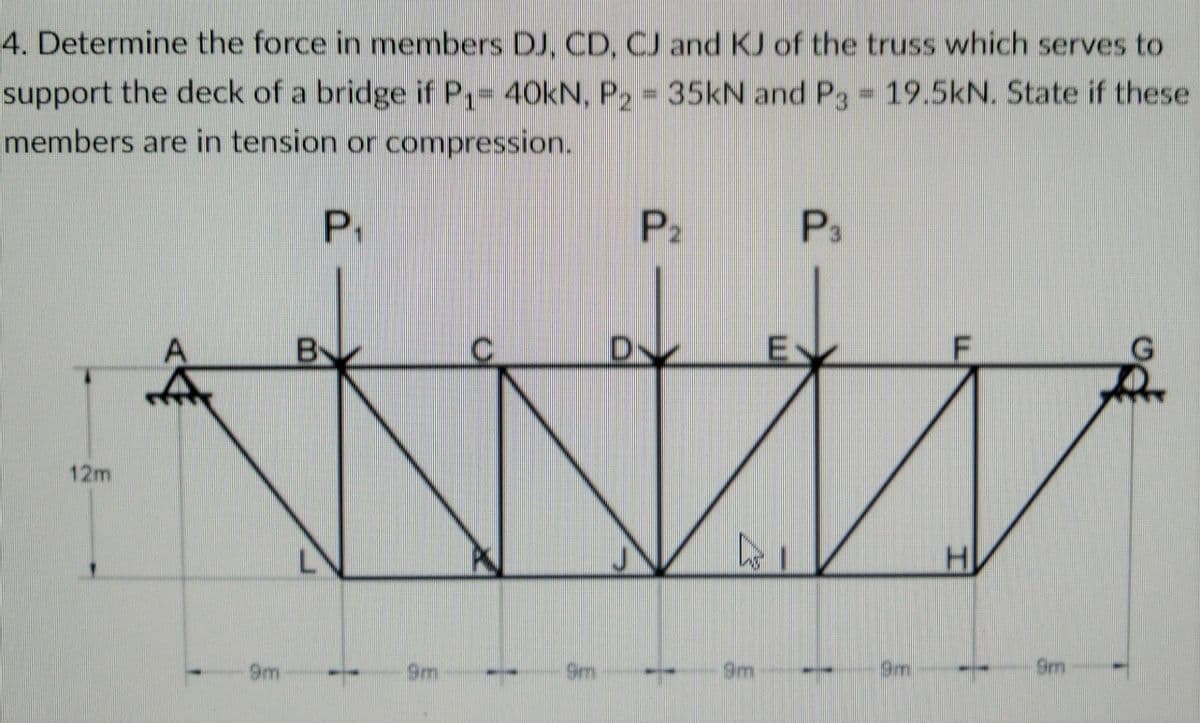 4. Determine the force in members DJ, CD, CJ and KJ of the truss which serves to
support the deck of a bridge if P1 40kN, P2 = 35KN and P3 19.5kN. State if these
members are in tension or compression.
P1
P2
P3
A.
By
D
F
12m
9m
9m
Sim
9m
9m
9m
