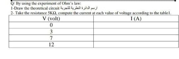 Q/ By using the experiment of Ohm's law:
1-Draw the theoretical circuit ill aill i jilal pu
2- Take the resistance 5KQ, compute the current at each value of voltage according to the table 1.
V (volt)
I (A)
3
7
12
