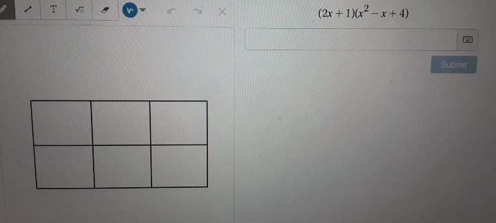 1
T
√ 8
54
5
X
(2x + 1)(x²-x+4)
E
Submit