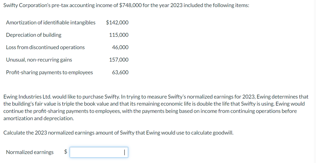 Swifty Corporation's pre-tax accounting income of $748,000 for the year 2023 included the following items:
Amortization of identifiable intangibles
$142,000
Depreciation of building
115,000
Loss from discontinued operations
46,000
Unusual, non-recurring gains
157,000
Profit-sharing payments to employees
63,600
Ewing Industries Ltd. would like to purchase Swifty. In trying to measure Swifty's normalized earnings for 2023, Ewing determines that
the building's fair value is triple the book value and that its remaining economic life is double the life that Swifty is using. Ewing would
continue the profit-sharing payments to employees, with the payments being based on income from continuing operations before
amortization and depreciation.
Calculate the 2023 normalized earnings amount of Swifty that Ewing would use to calculate goodwill.
Normalized earnings
$