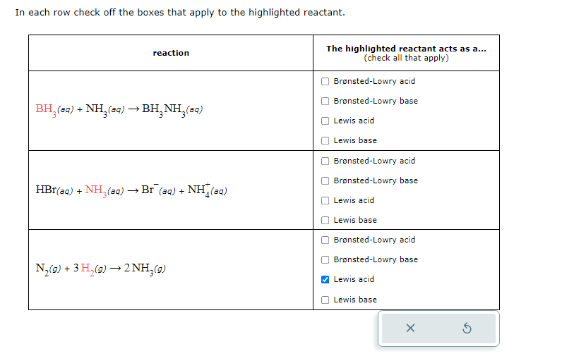 In each row check off the boxes that apply to the highlighted reactant.
reaction
BH₂(aq) + NH3(aq) → BH₂NH₂(aq)
HBr(aq) + NH3(aq) → Br_(aq) +
N₂(g) + 3 H₂(g) → 2NH₂(g)
NH,(84)
The highlighted reactant acts as a...
(check all that apply)
Brønsted-Lowry acid
Brønsted-Lowry base
Lewis acid
Lewis base
Brønsted-Lowry acid
Brønsted-Lowry base
Lewis acid
Lewis base
Brønsted-Lowry acid
Brønsted-Lowry base
Lewis acid
Lewis base
x
Ś